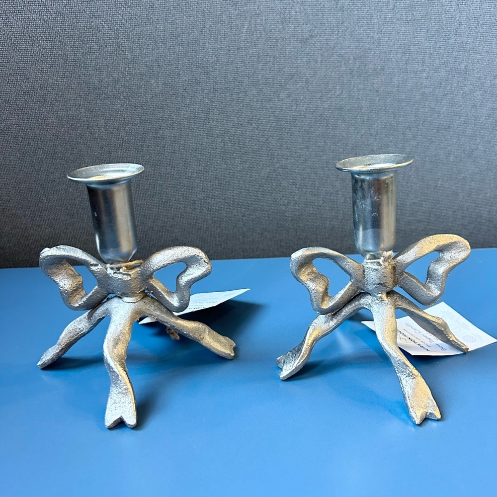 New Set of 2 Silver Metal Bow Pillar candle holders gift idea coquette girl